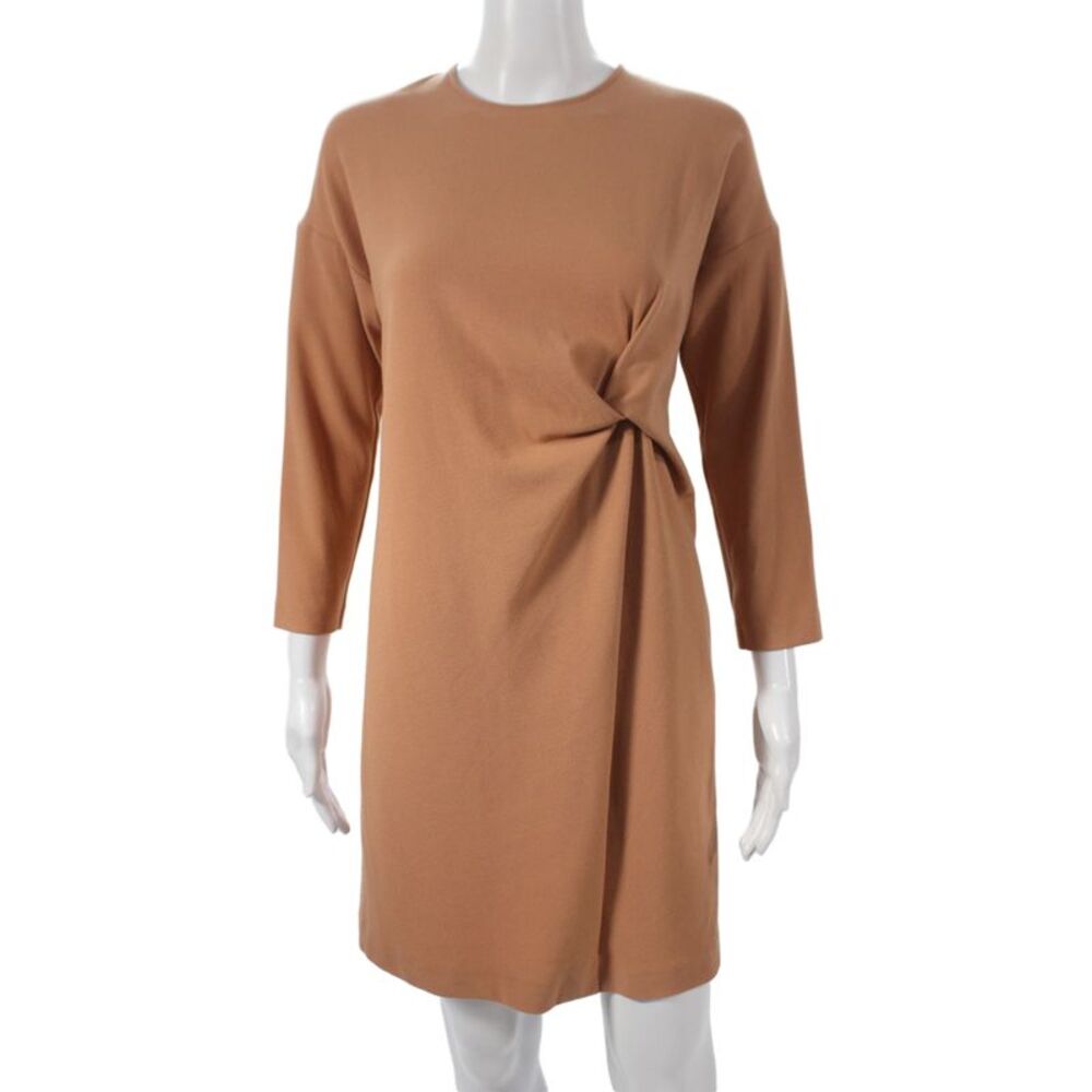 Alysi Women Brown Shift Dress 3/4 Sleeve Round Neck Minimalist Size M